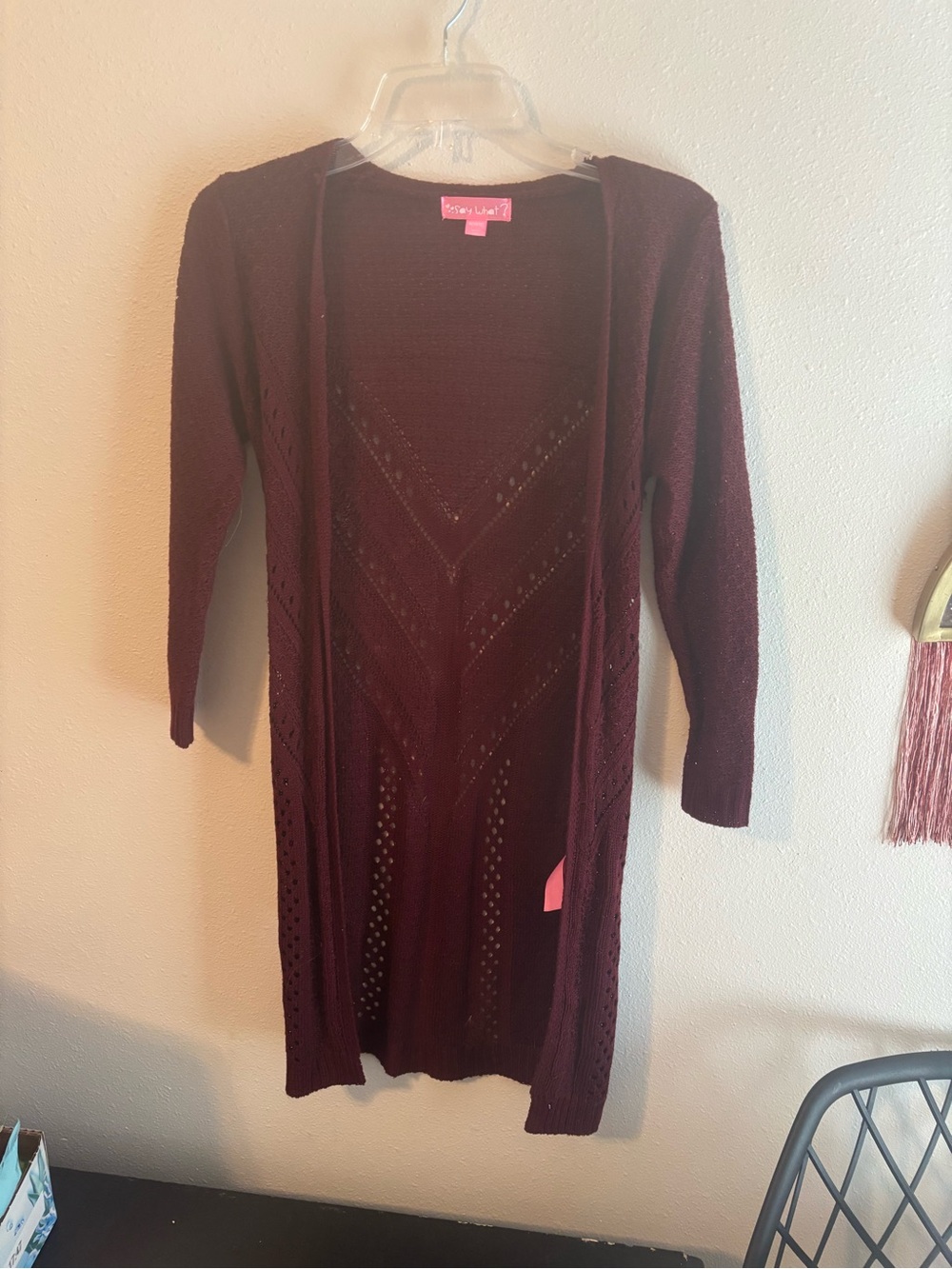 Say what? Girls size medium Maroon Openfront Pointelle Cardigan fall burgundy
